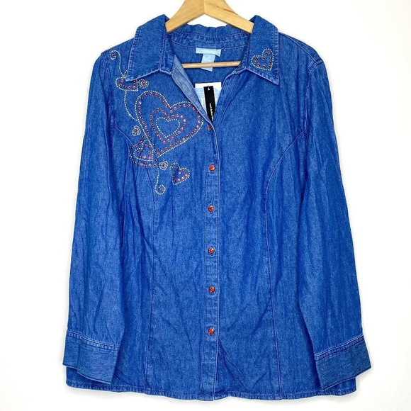 NWT Liz & Me Embellished Chambray Button Down Denim 0X 14/16 Red Hearts Cowgirl - Picture 1 of 14